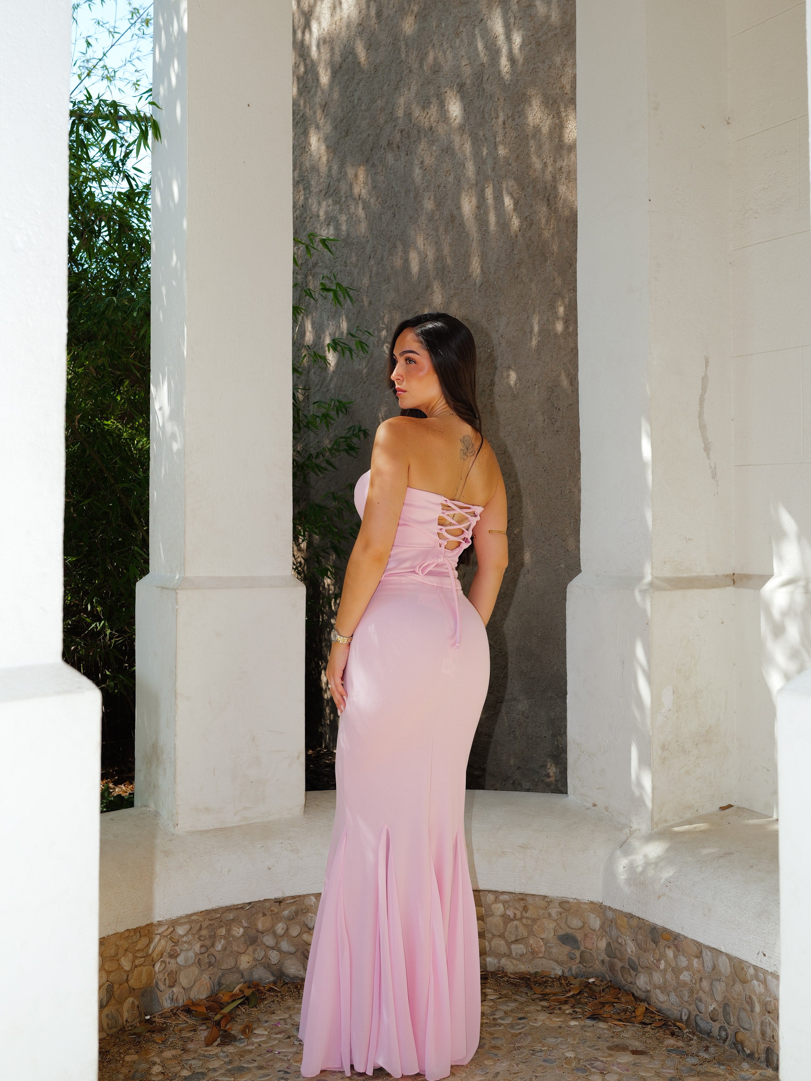 Conjunto corsé espalda lazada rosa
