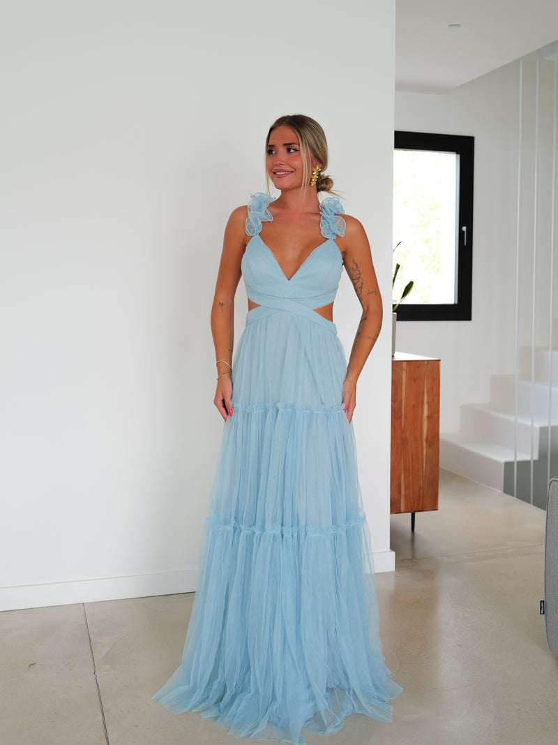 Vestido aberturas tulle celeste