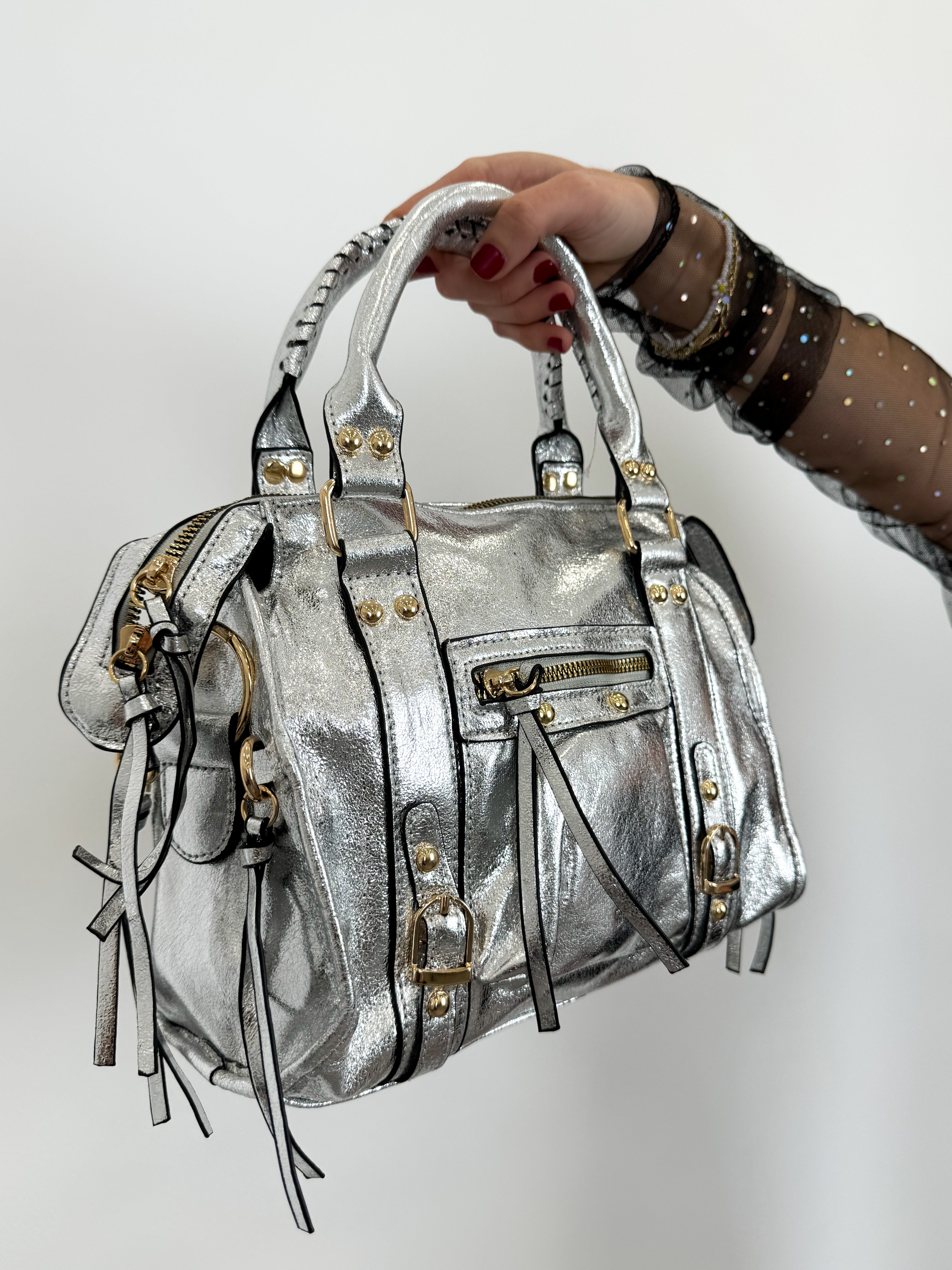 Bolso maxi hebillas vegano plata