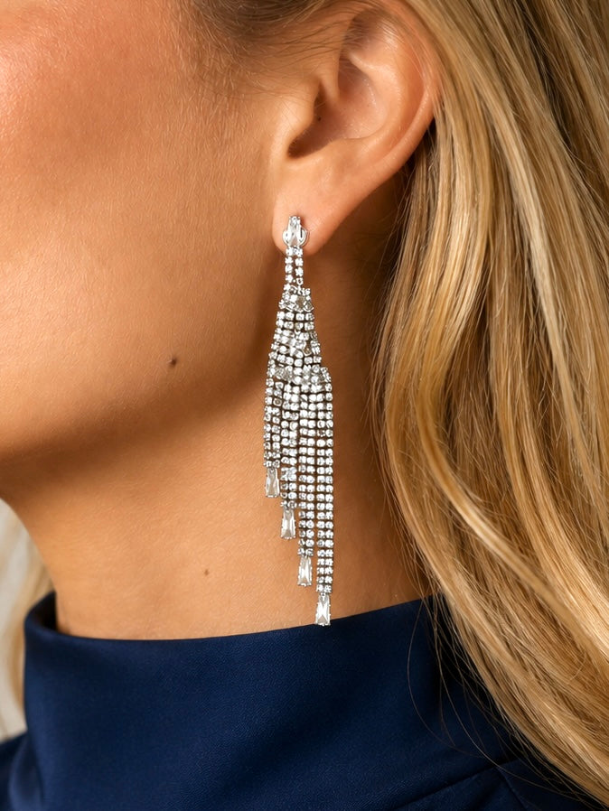 BOUCLES D'OREILLES cascade asymétrique, brillants argentés