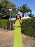 Vestido com decote halter e cintura drapeada, cor de azeitona