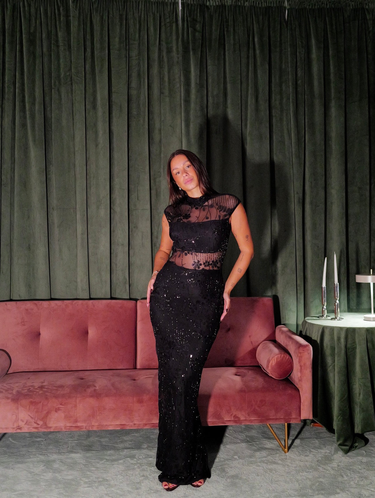 Black Long Glitter Dress with Perkins Neckline