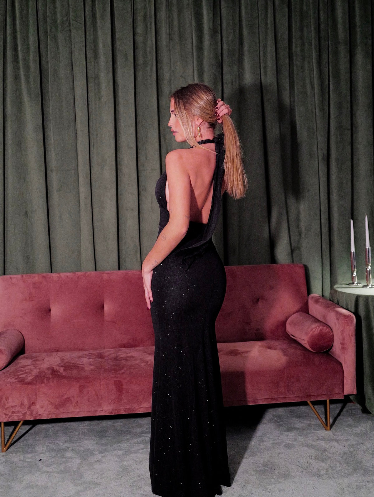 Vestido largo escote pico lurex negro