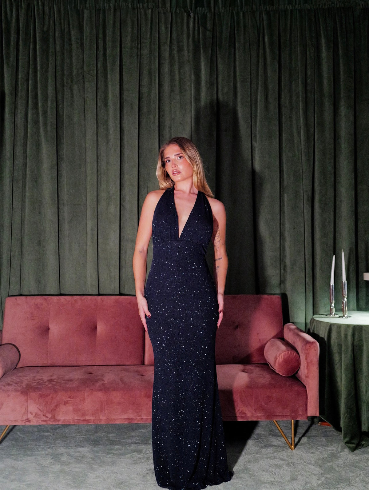 Vestido largo escote pico lurex marino