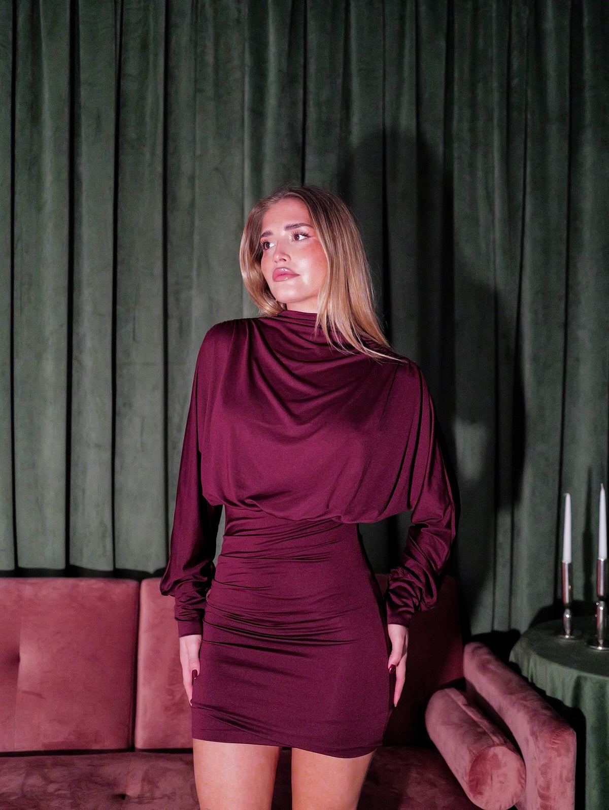 Burgundy mini dress with gathered shoulders