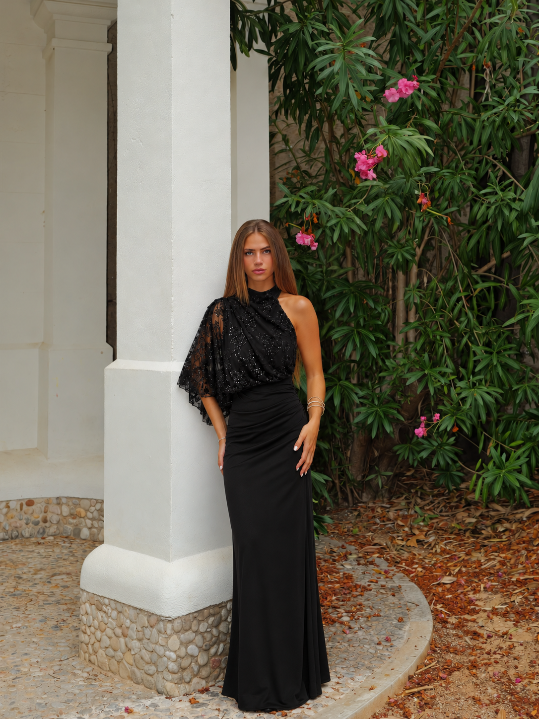Vestido asim manga abullonada brillos negro