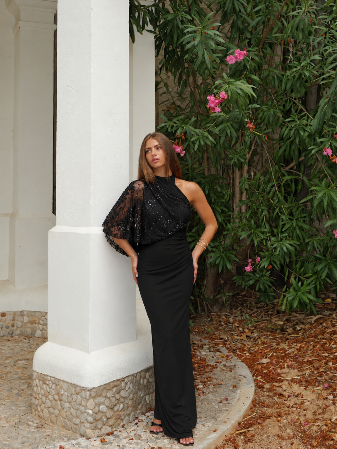Vestido asim manga abullonada brillos negro