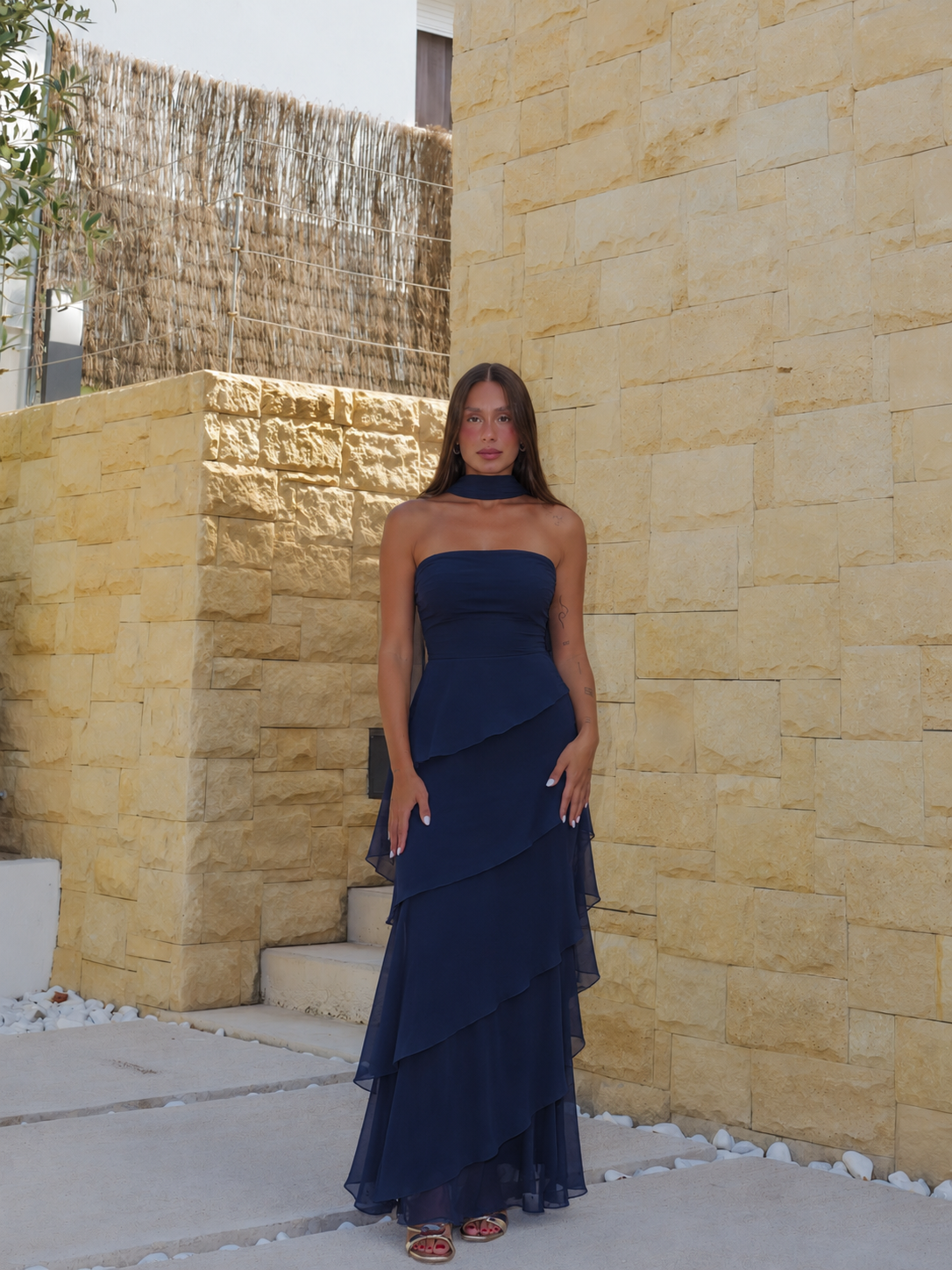 Vestido palabra volantes gasa marino