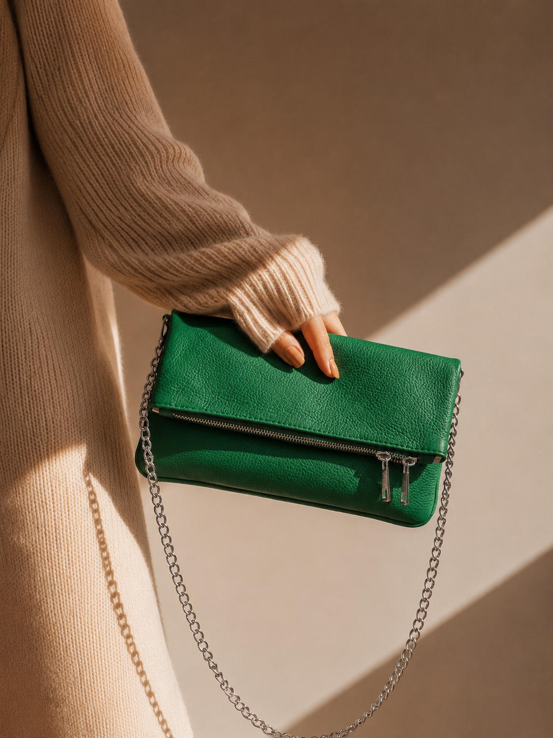 Green leather chain handbag