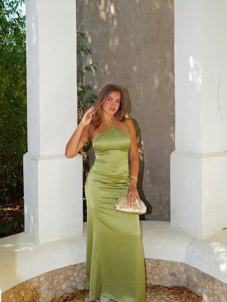 PRE-SALE - Olive Satin Halter Dress