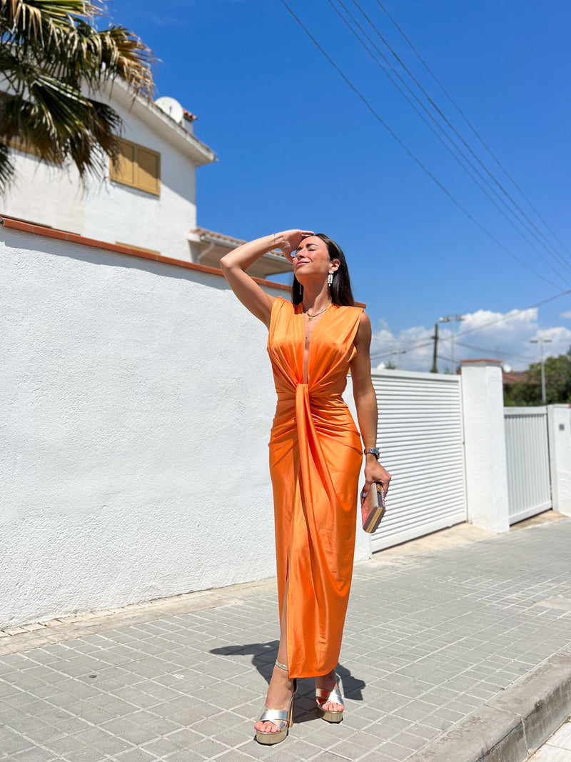 Vestido escote lazo naranja
