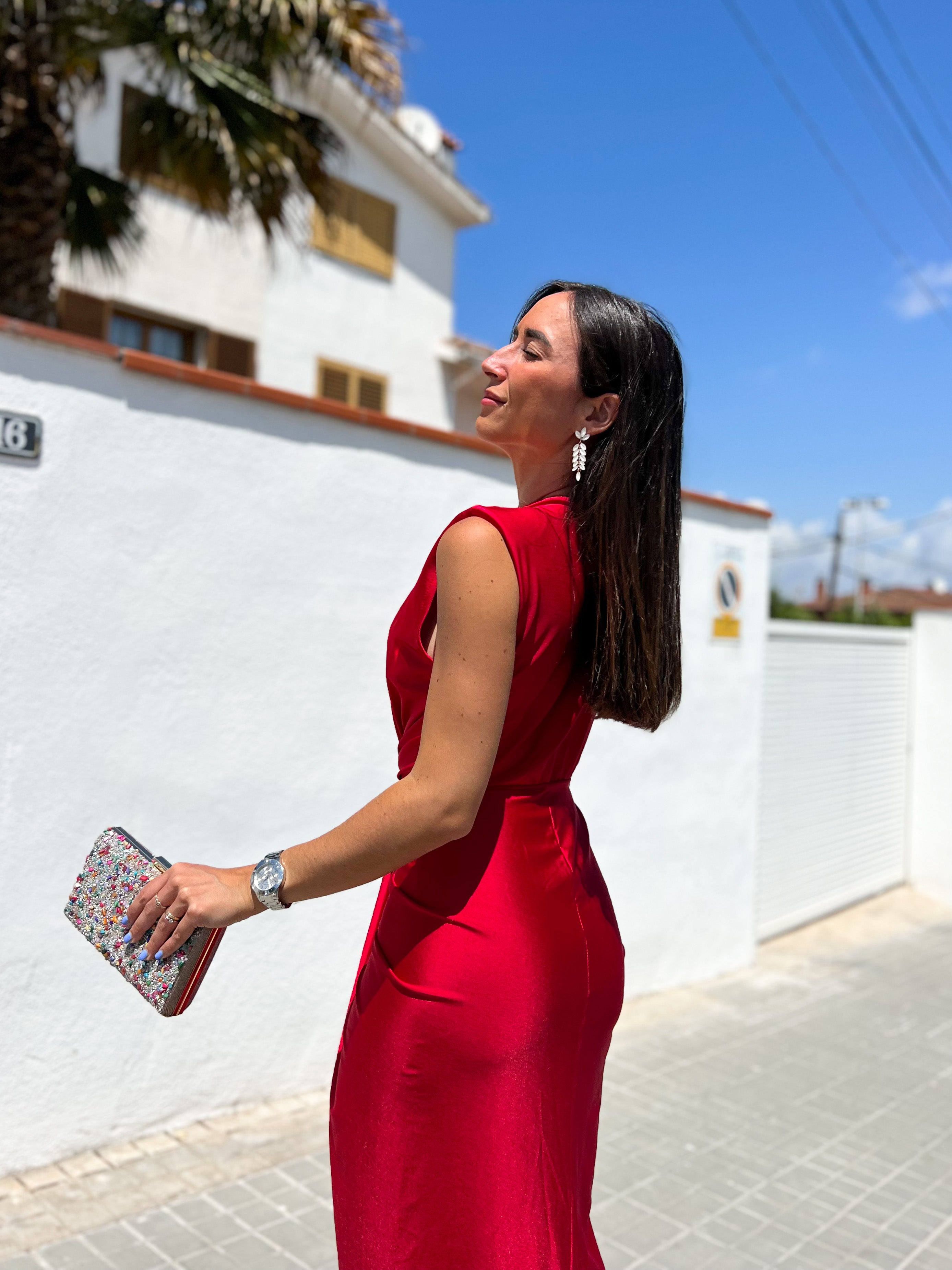 Vestido escote lazo rojo