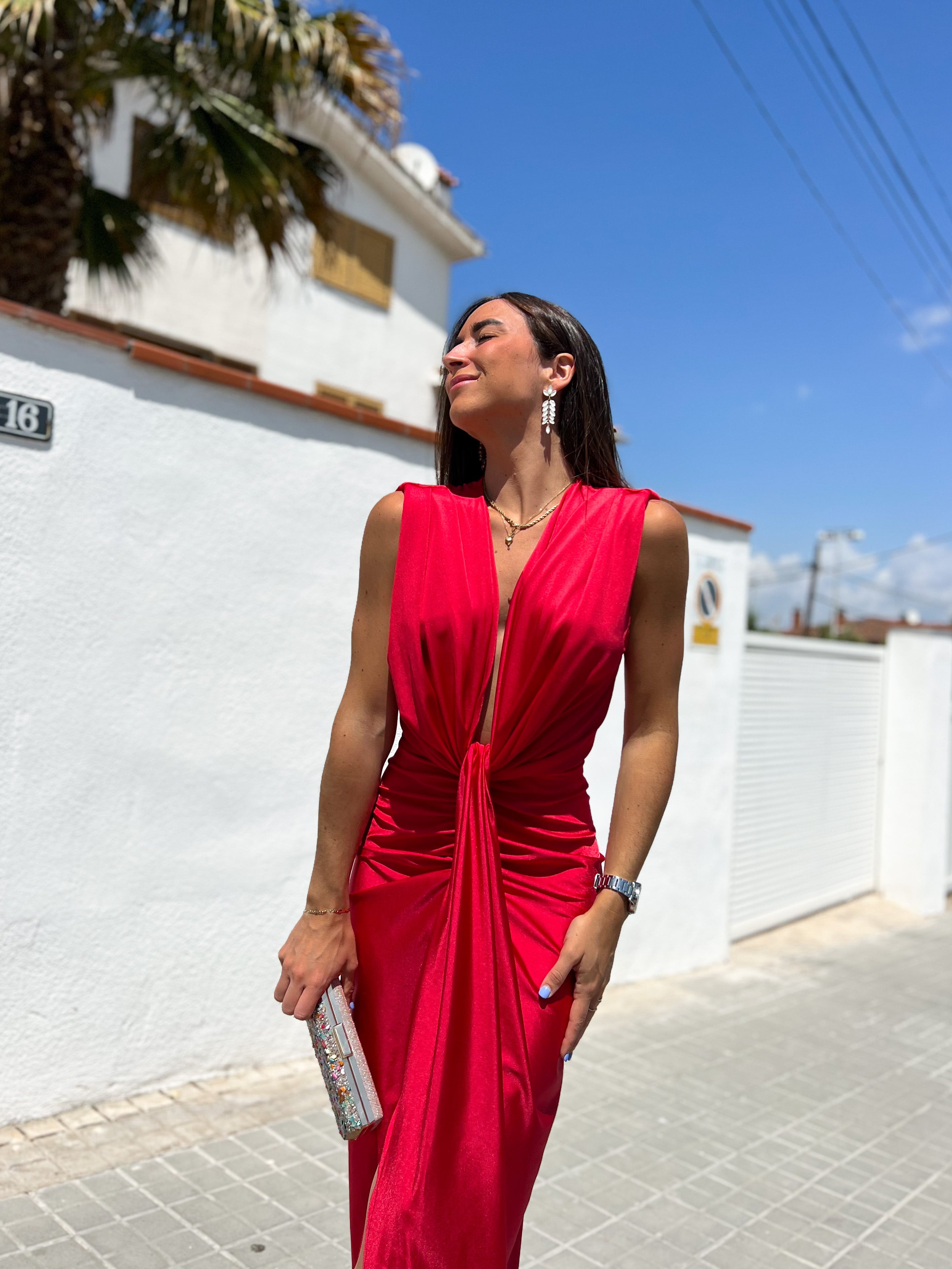 Vestido escote lazo rojo