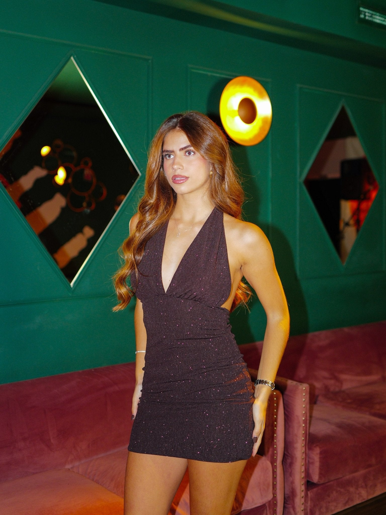 Chocolate V-neck lurex mini dress - Sorellas The Brand Barcelona S.L