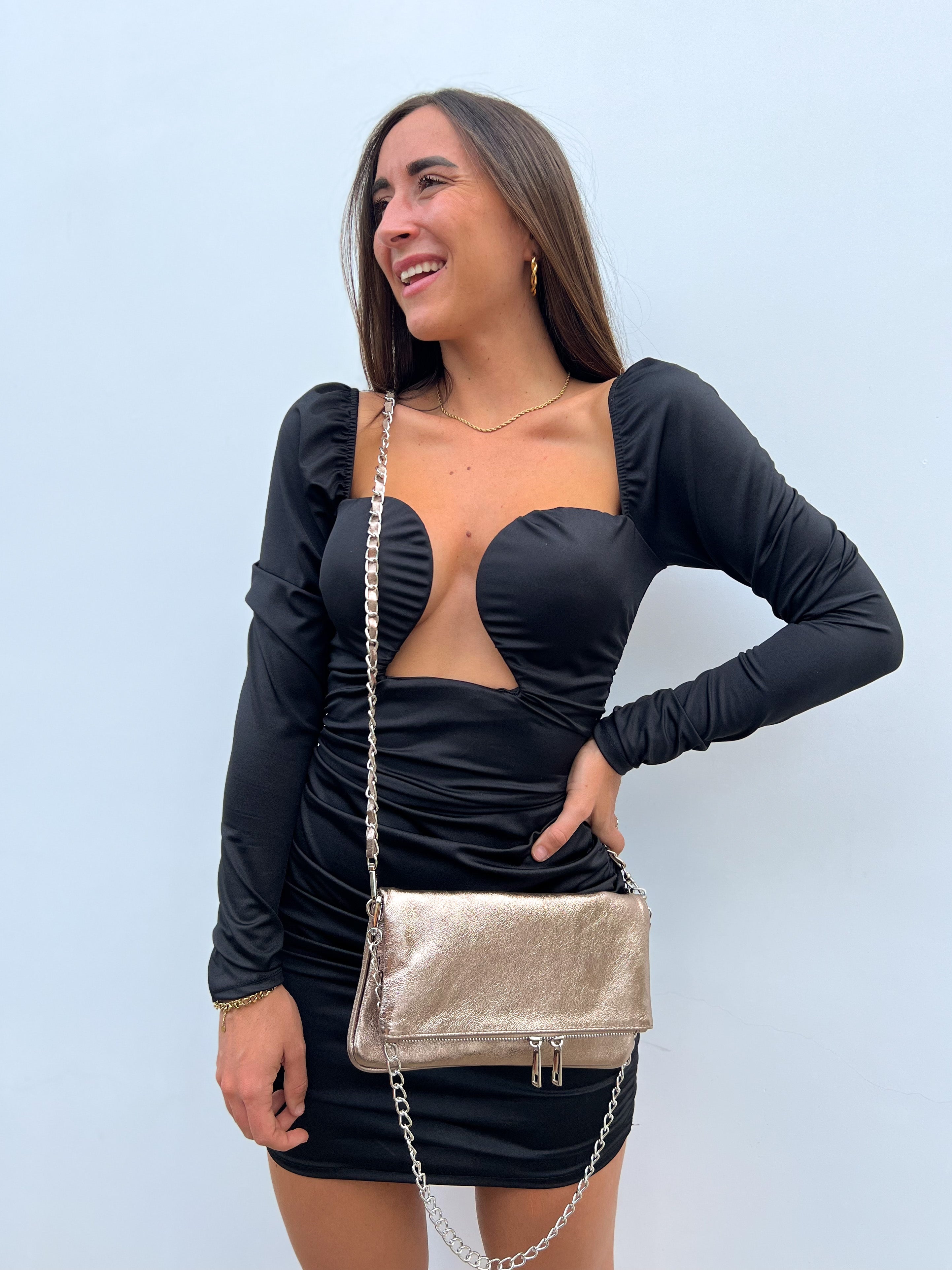 Bolso piel cadenas bronce