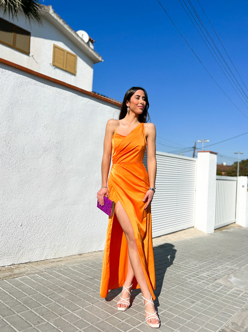 Vestido raso asimétrico naranja