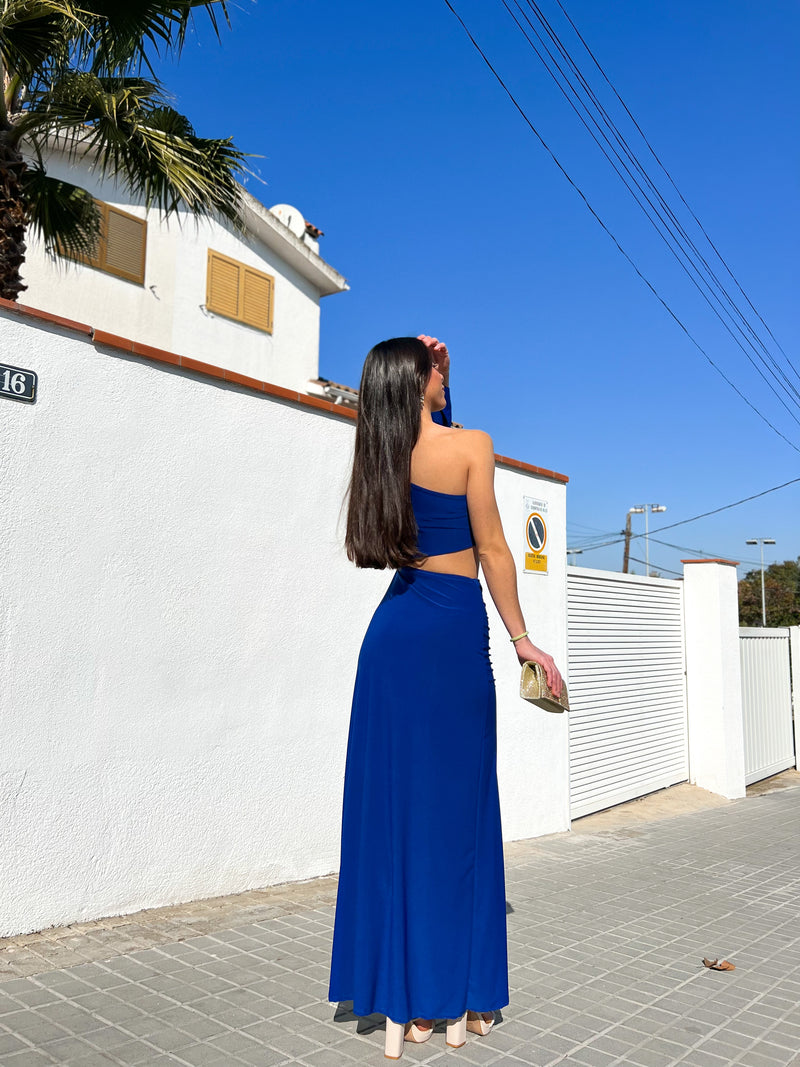 Vestido largo asimétrico frunce azul
