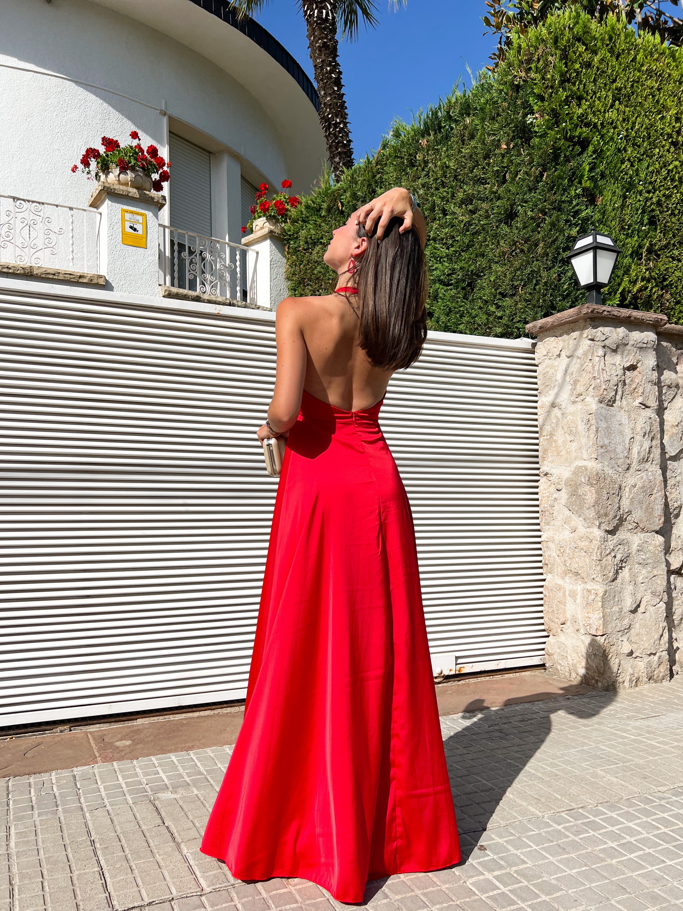 Vestido halter raso rojo