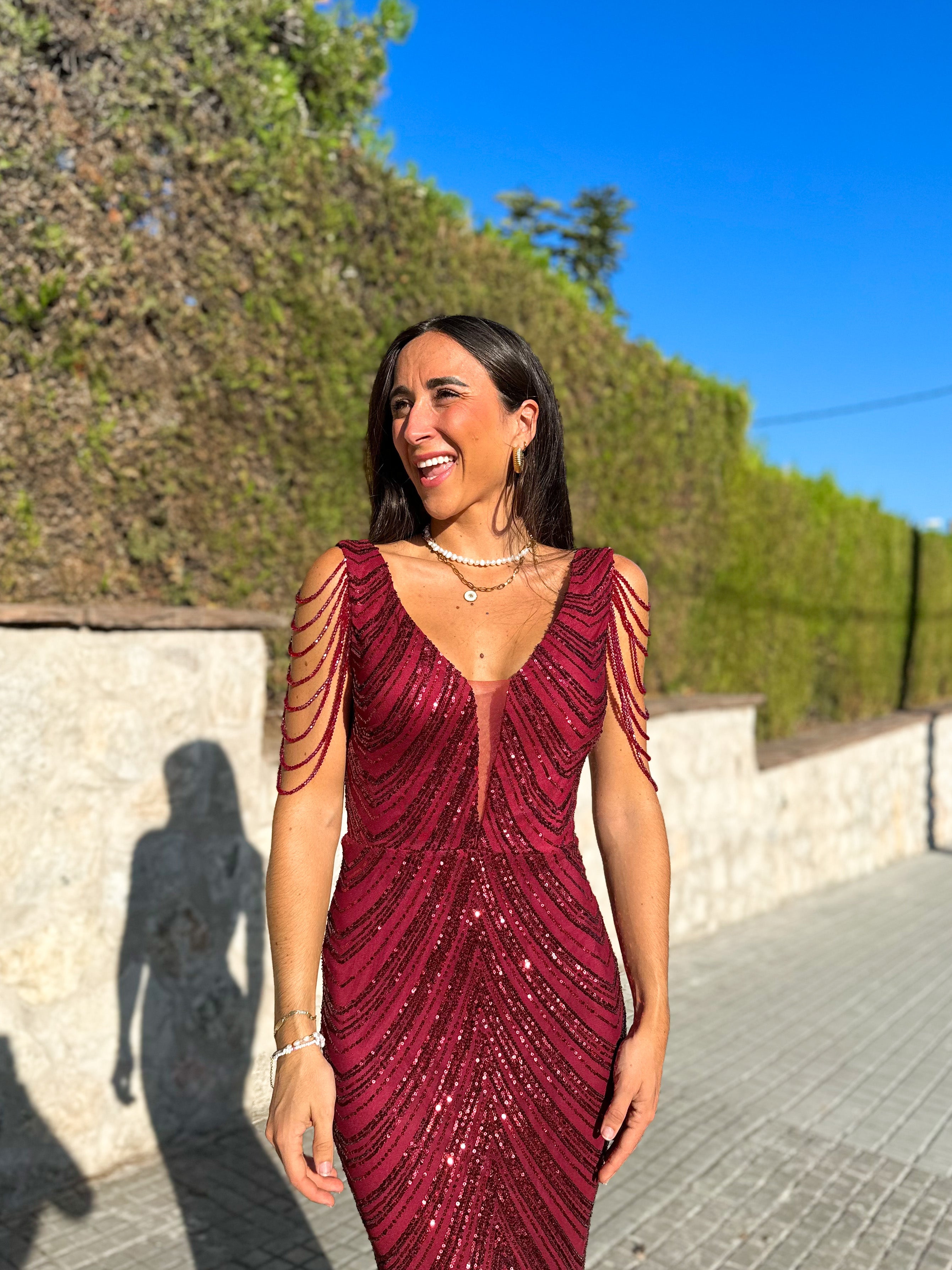 Wine mermaid pearl neckline dress