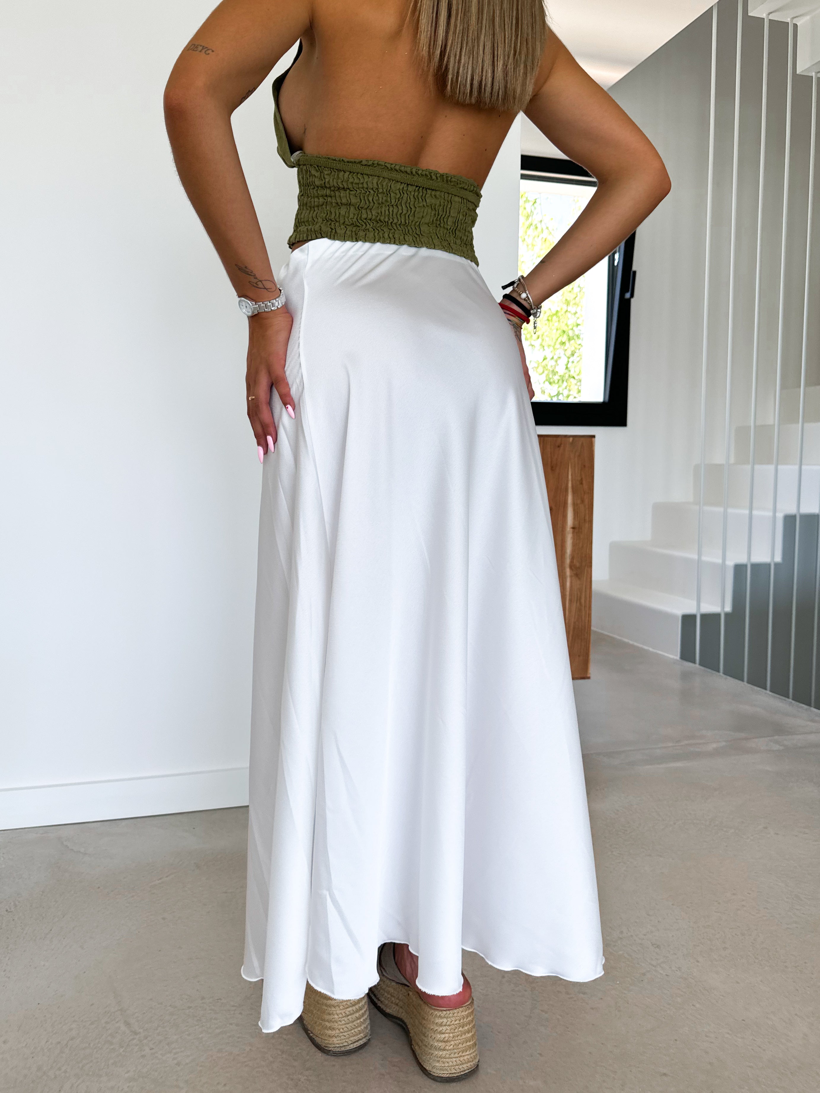 White satin midi skirt