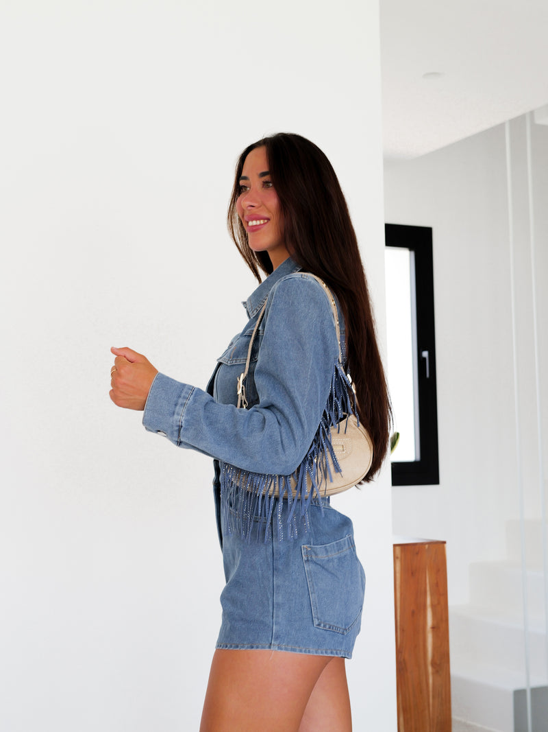 Blue denim fringed short jumpsuit