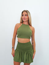 Khaki ruffled halter set