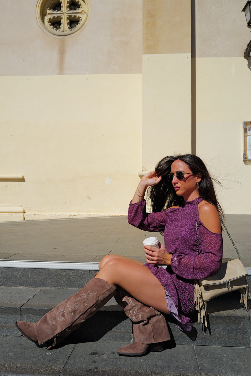 Brown embroidered suede flap boot