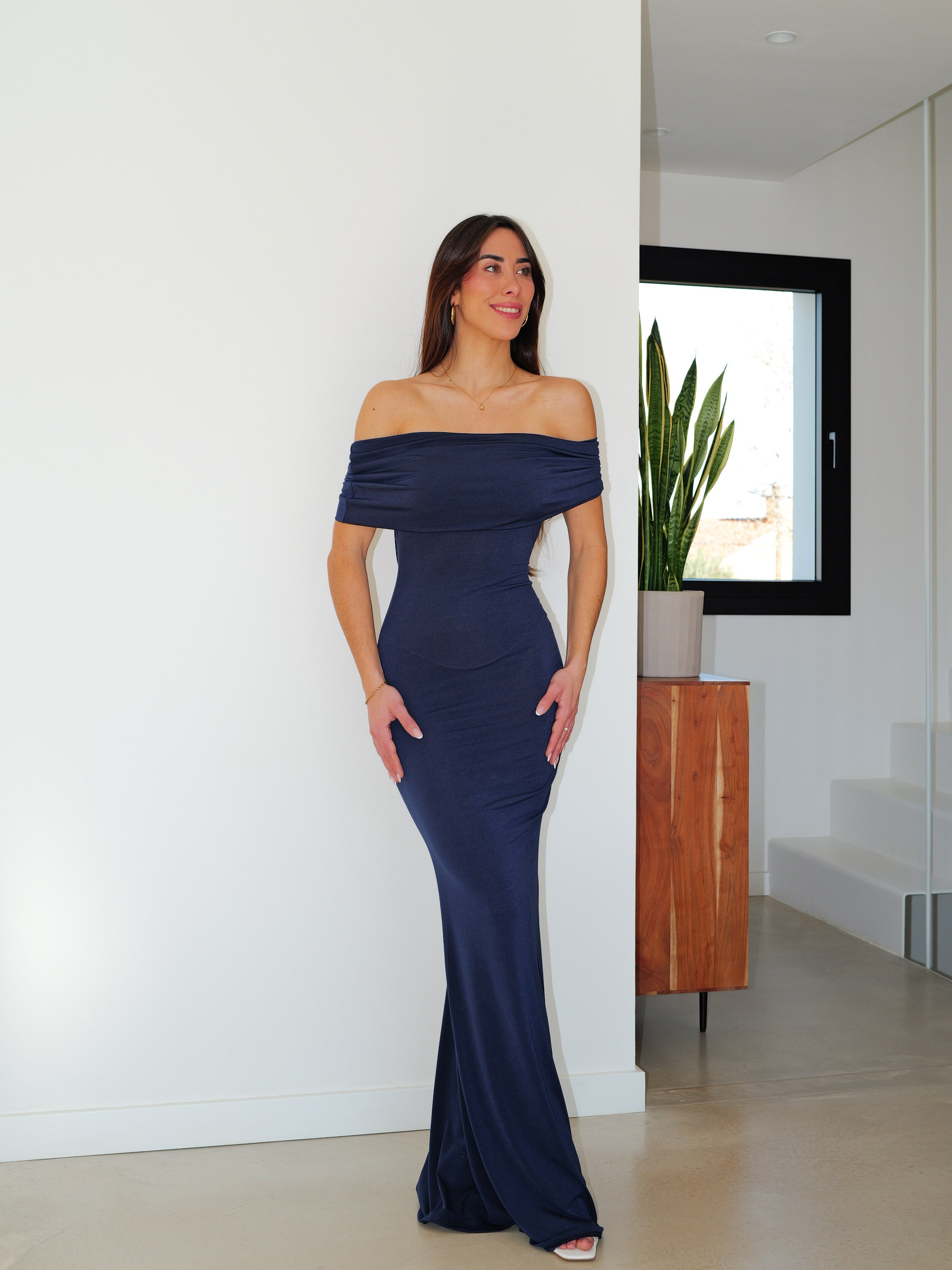 Navy back bardot dress