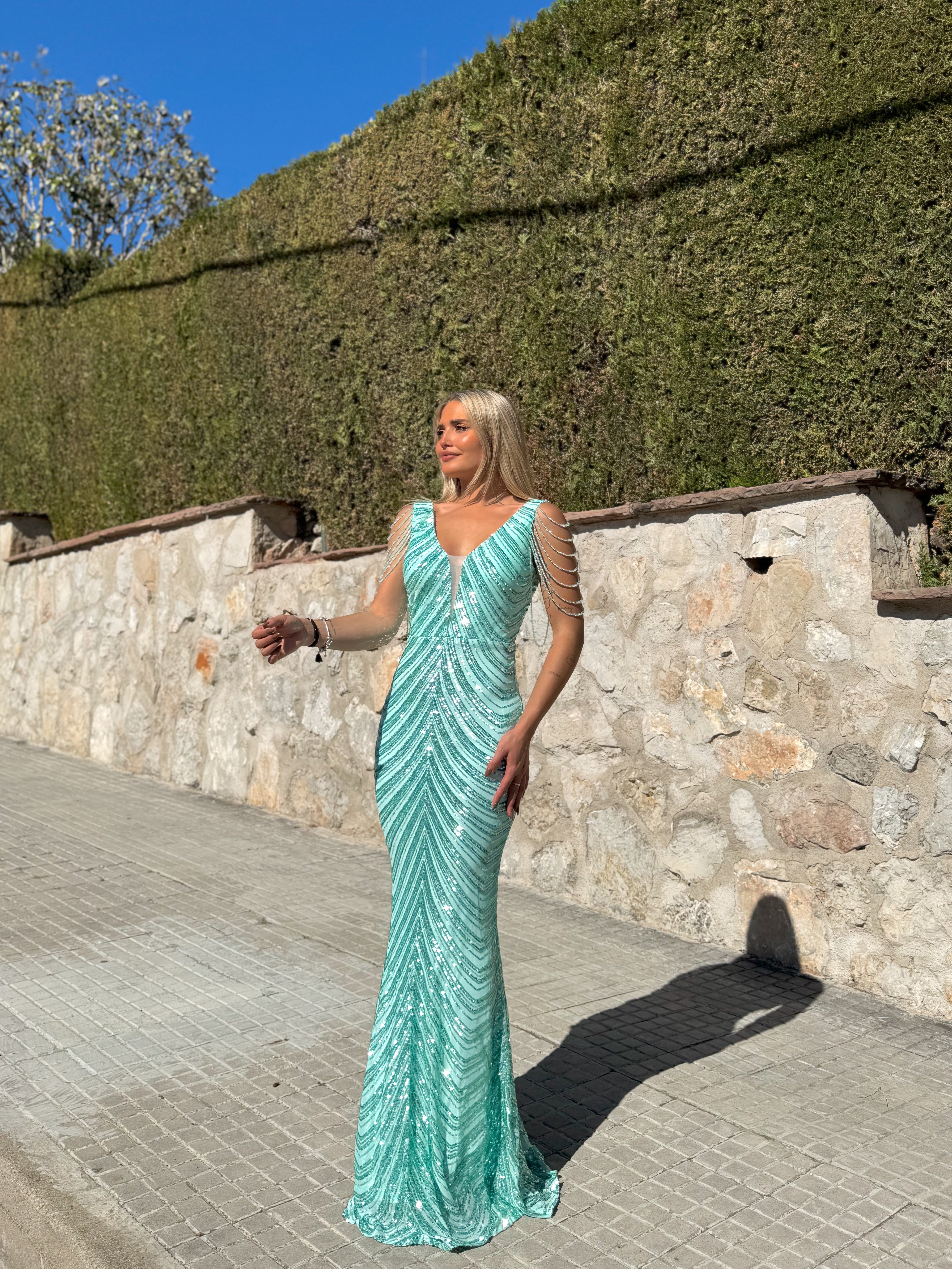 Turquoise mermaid pearl neckline dress