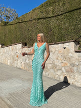 Turquoise mermaid pearl neckline dress