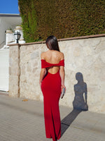 Burgundy back bardot dress