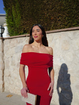 Burgundy back bardot dress