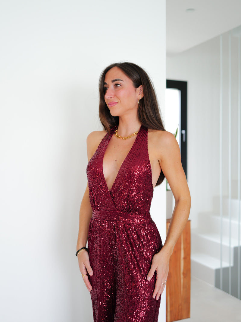 Burgundy bow back glitter jumpsuit