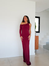 Asymmetrical sleeve dress with burgundy detail