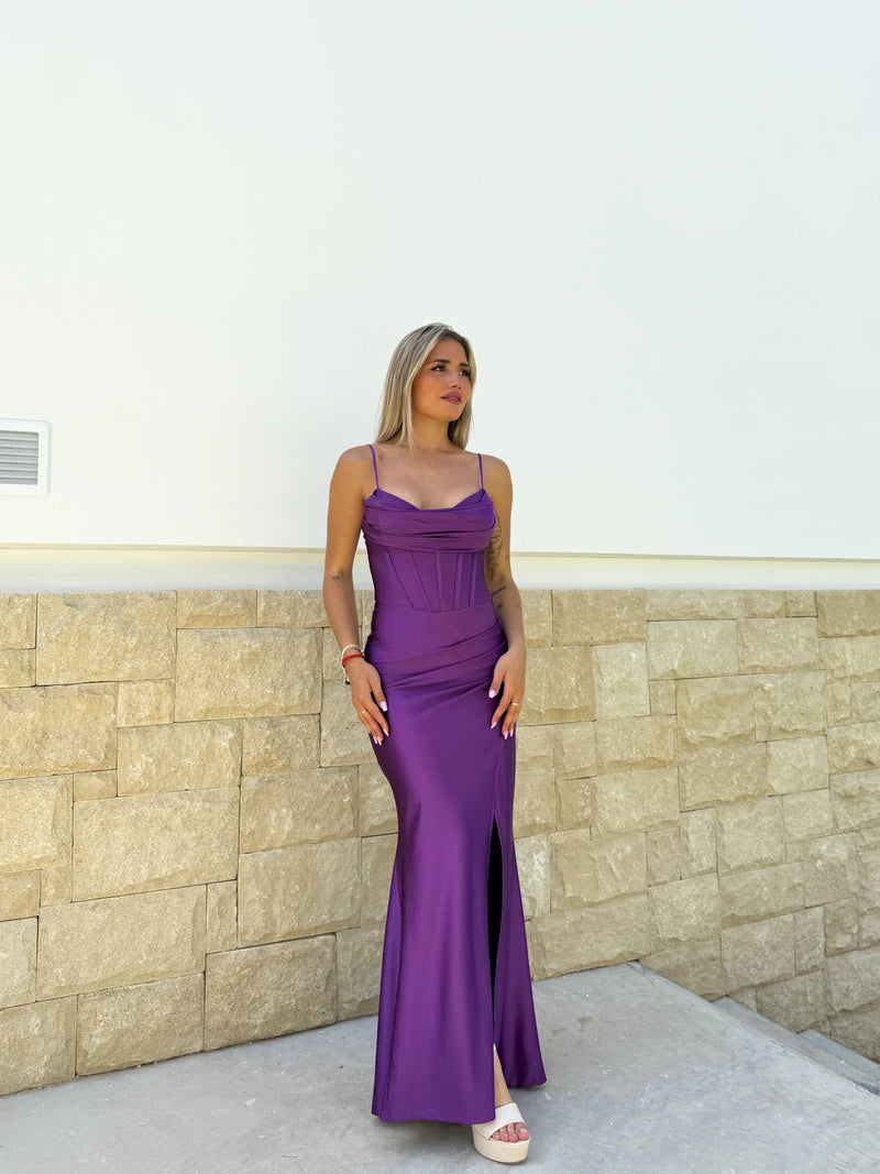 Long purple satin corset dress