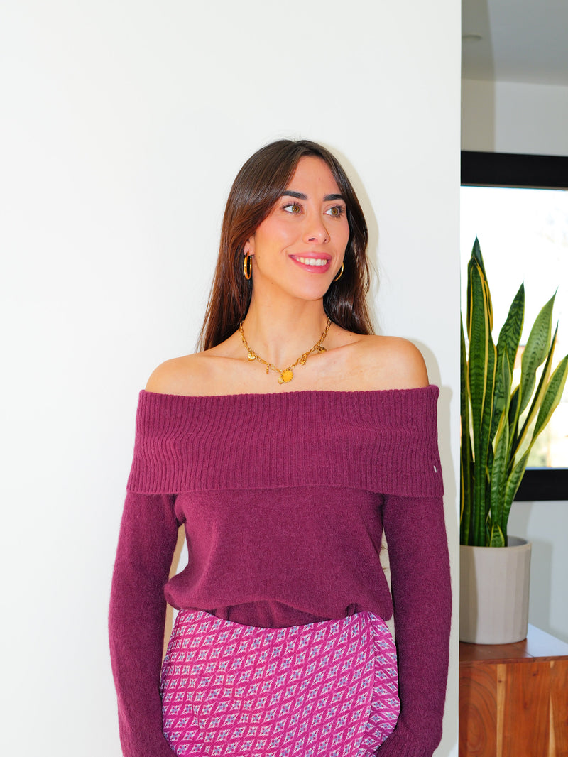 Raspberry sleeve bardot sweater