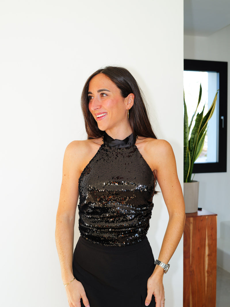 Top halter lazo glitter negro