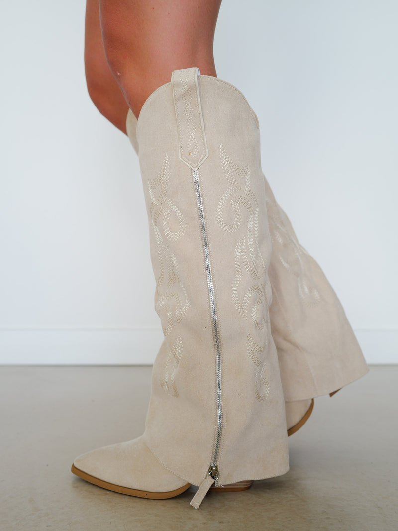 Beige embroidered suede flap boot