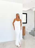 Long white satin corset dress