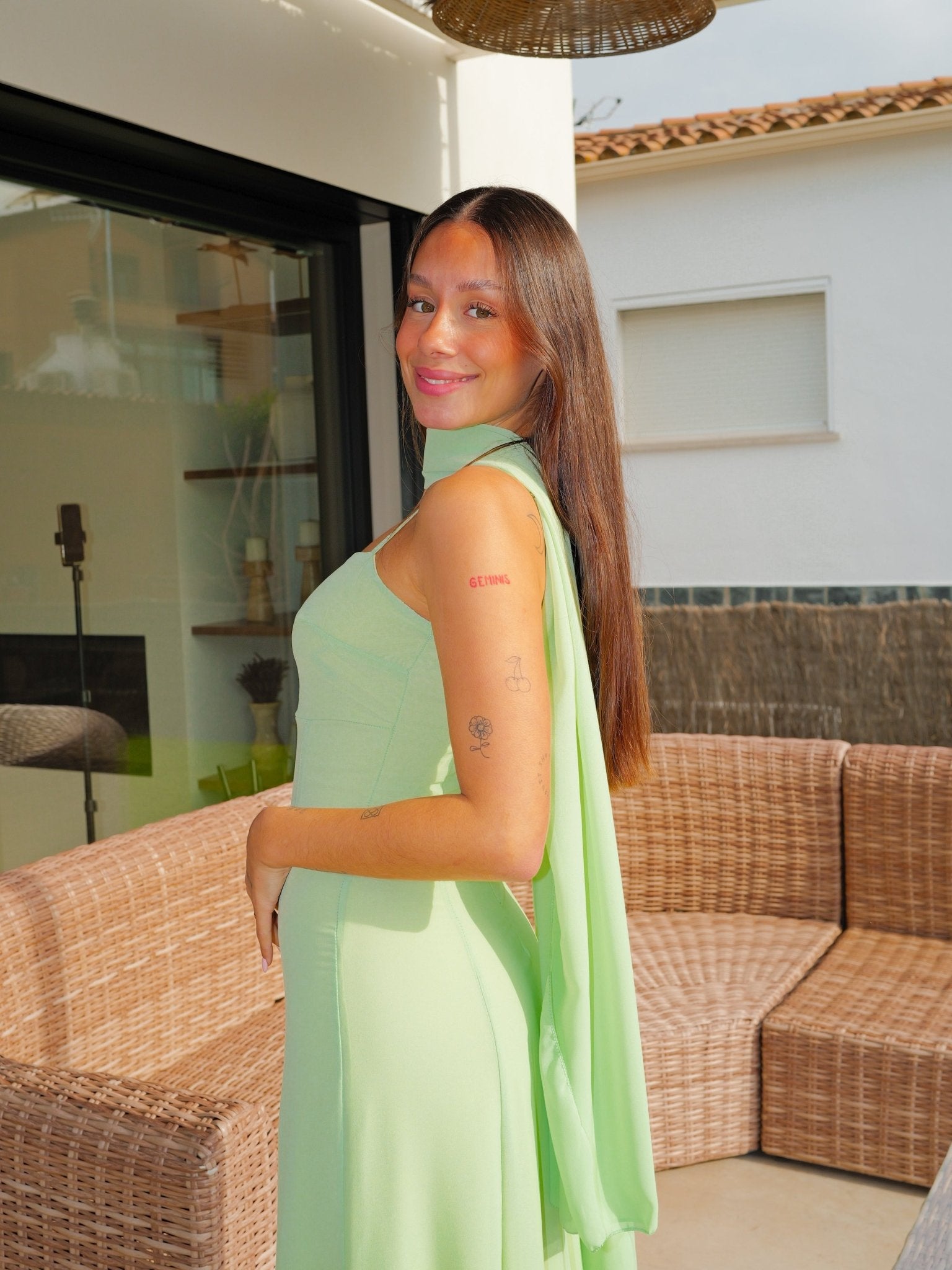 Long mint georgette cape dress - SORELLAS