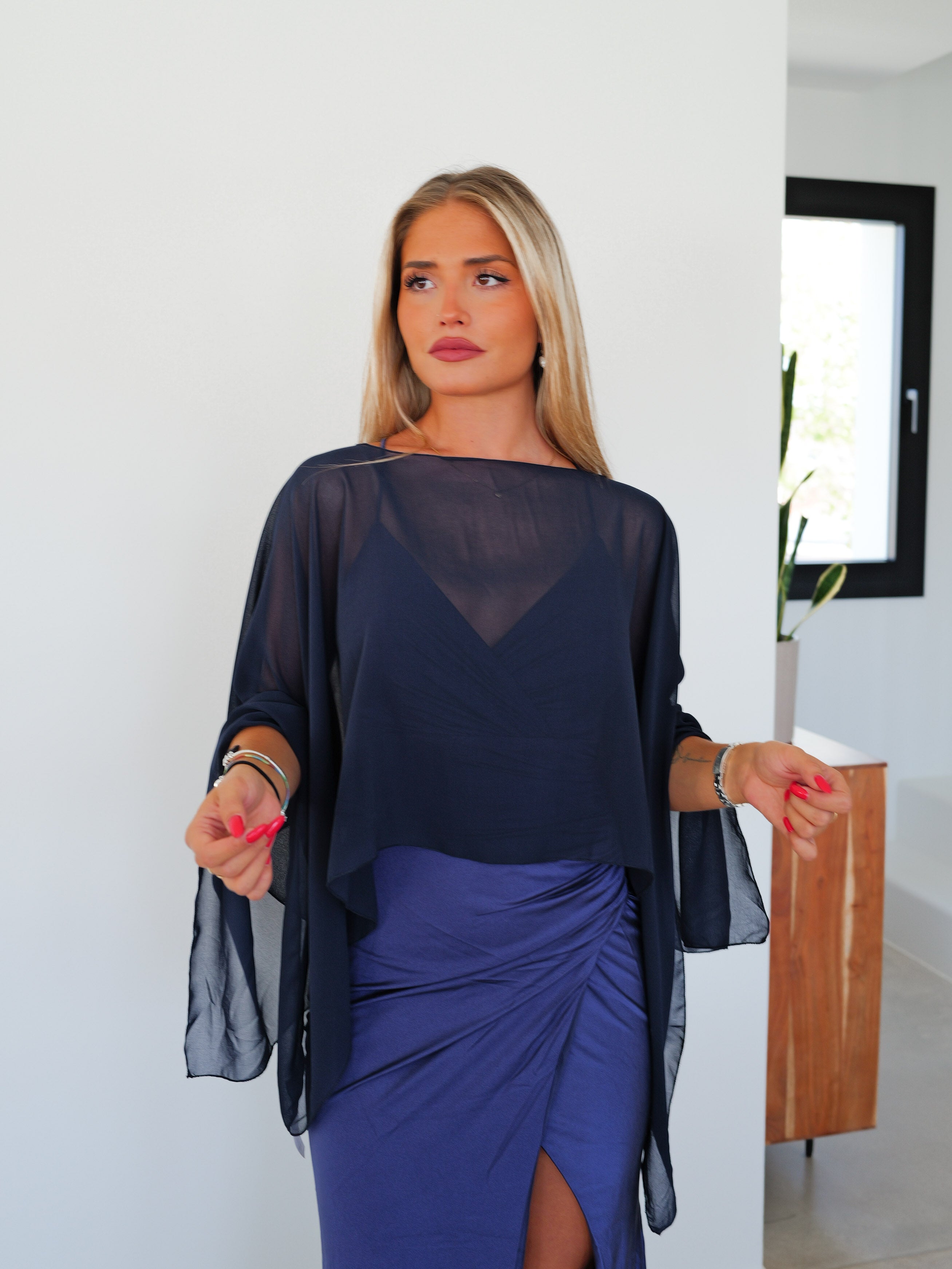 Navy gauze cape shawl