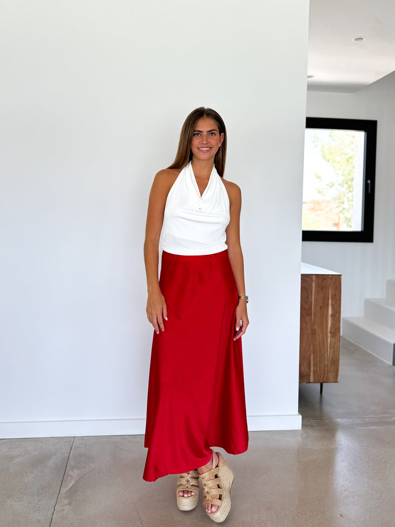 Red satin midi skirt