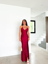 Burgundy intertwined satin peak dress