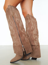 Brown embroidered suede flap boot