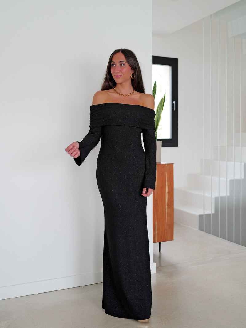 Long dress bardot lurex black