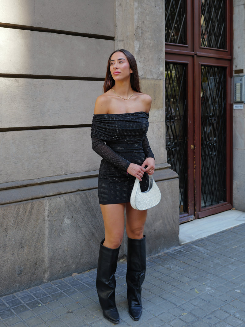 Black glitter mini boat dress