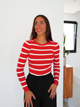 Red striped ribbed sleeve sweater