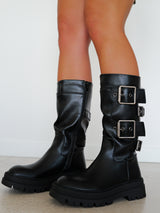 Black biker boot with buckles