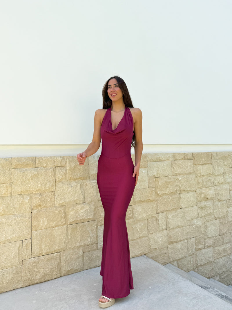 Long burgundy waterfall dress