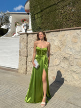 Olive satin strapless dress